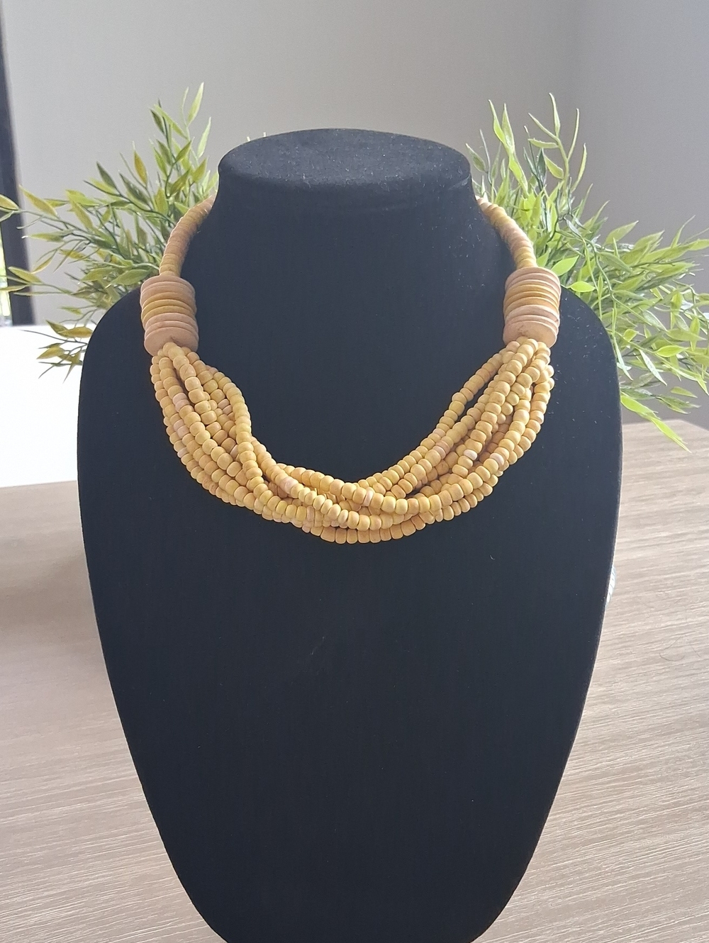 Vintage Ligth Yellow and Natural Wooded Beaded Multi-Strand Statement Necklace